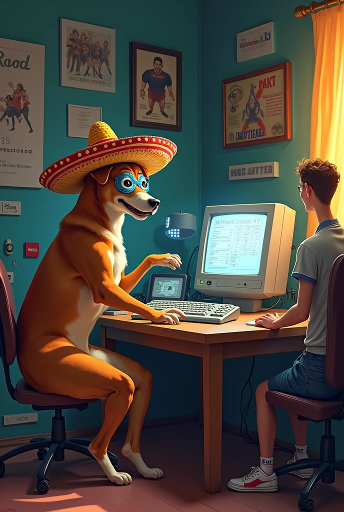 Mexican computer-savvy dog teaching him how to nacho libre