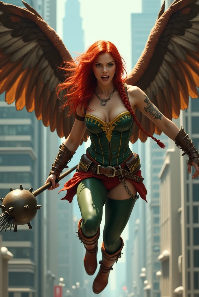 (((In extreme close-up a beautiful red-haired woman (((wearing a (((Corset in green leather with yellow))) in the middle and (((Cali green leggings with red shorts or thong over the leggings))) red boots on a sheepdog Mace in a metal ball placed on the end of a cane or metal handle with rounded protuberances without spikes huge brown falcon wings that cover his entire body brown harness on his chest tattoos on one of his arms a long braid waving in the wind flying between the skyscrapers shouting on the warpath or in battle))),(((Yellow falcon on the edge of her bust in the Corset)))