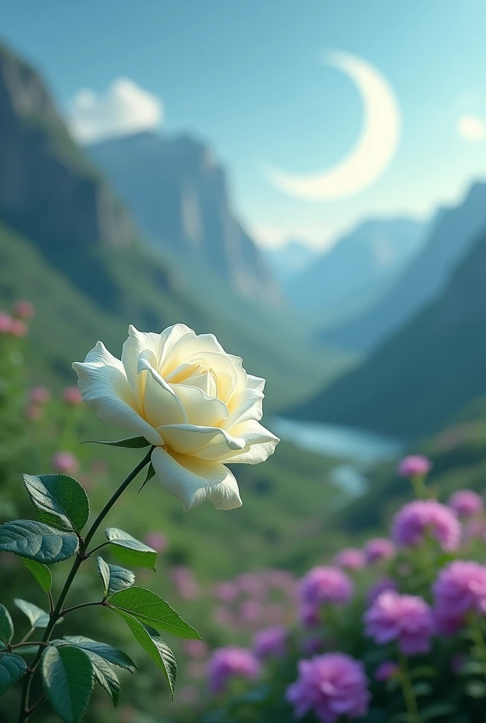 its center, with an extensive mountain range in the background, covered in vibrant green and violet flowers that stretch towards the sky. The crescent moon acts as a central element, casting a soft glow over the green landscape. Spotlight, a delicate white rose with intricate detailing and a slightly wilted effect, which emanates a subtle but lively and welcoming atmosphere. The entire scene exudes a sense of natural beauty and invites the viewer to explore a world where the enchanting moon and vibrant floral background come together in a truly captivating display..