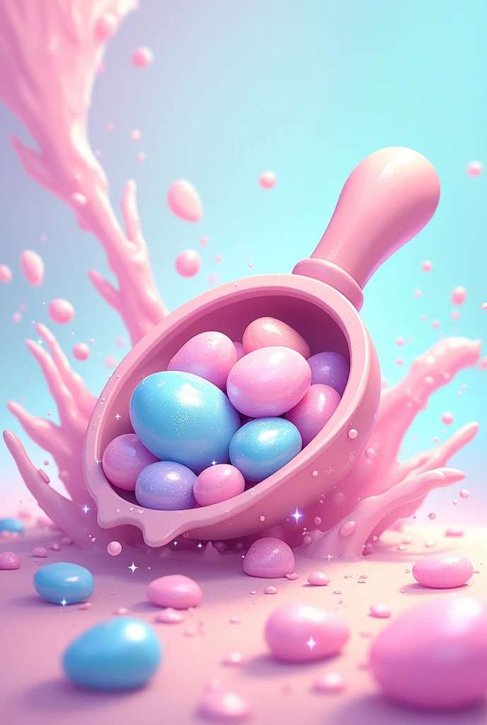 Make a small scoop with pastel shiny tiny pebbles in splash art style 2d anime like