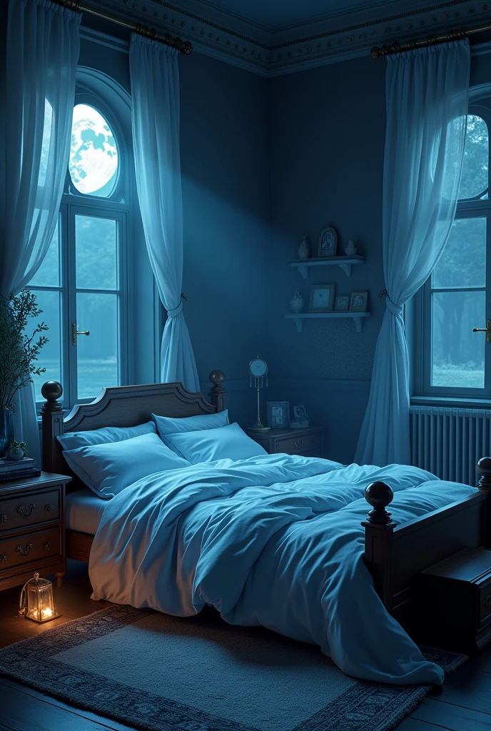 a night background with a room and an animated bed 