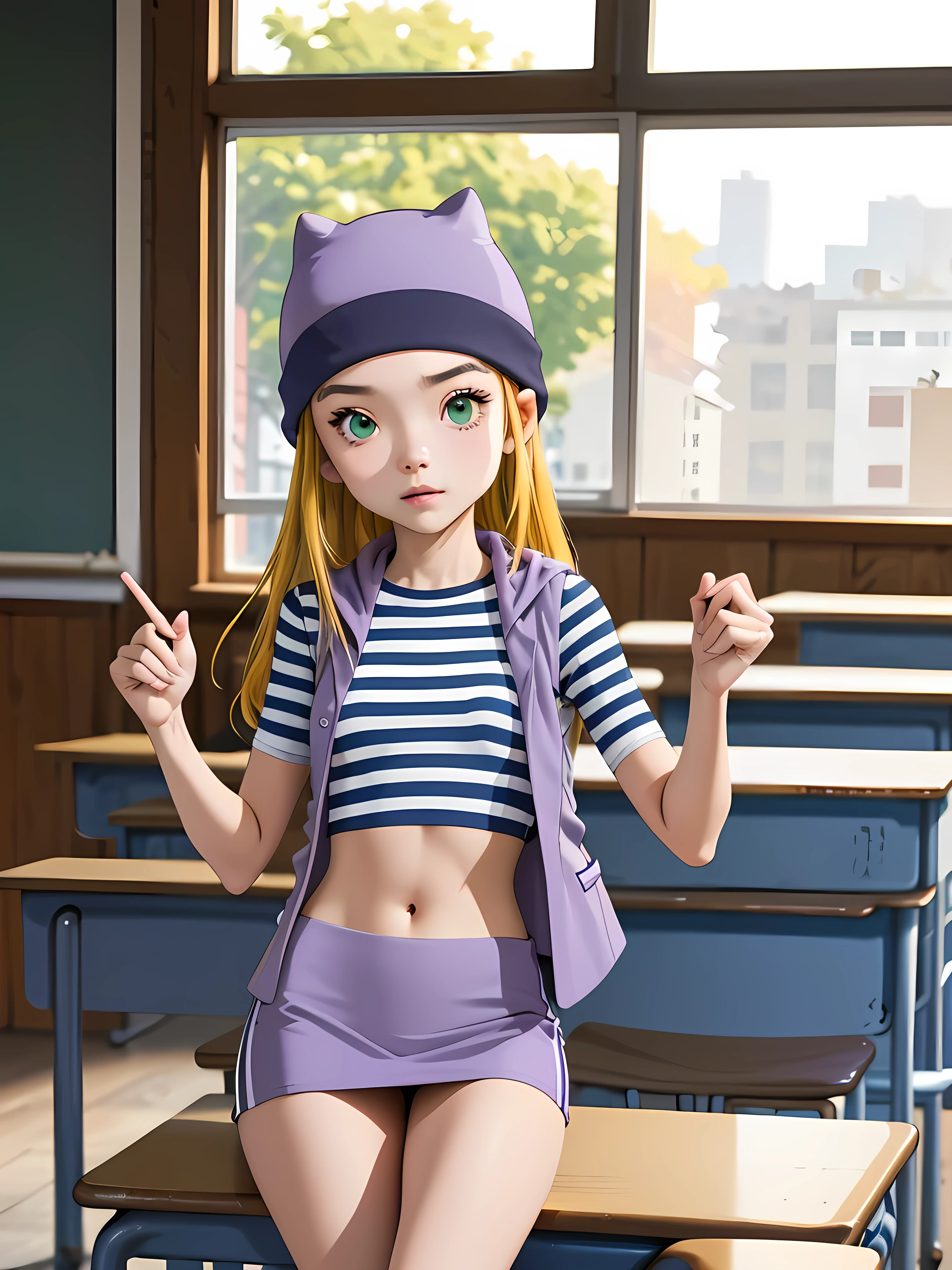 (masterpiece, best quality), 1girl, izumi Orimoto, indoors, classroom, green eyes, blonde hair, long hair, purple beanie, purple vest, purple miniskirt, blue white striped shirt, long purple socks, purple vest, striped shirt, navel shirt, small size breast, legs together, cute pose