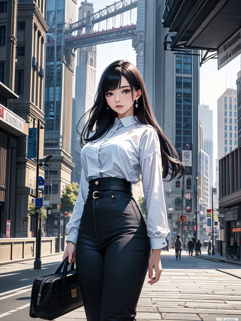 (Masterpiece、Ultra-high resolution、Detailed expression、Beautiful depiction、8k、Highest quality、Artwork:1.2)、(Giant:1.4)、Beauty、whole body、Beautifully detailed face、Over the city、A towering presence、Black Hair、Casual wear、Casual attire、skyscraper