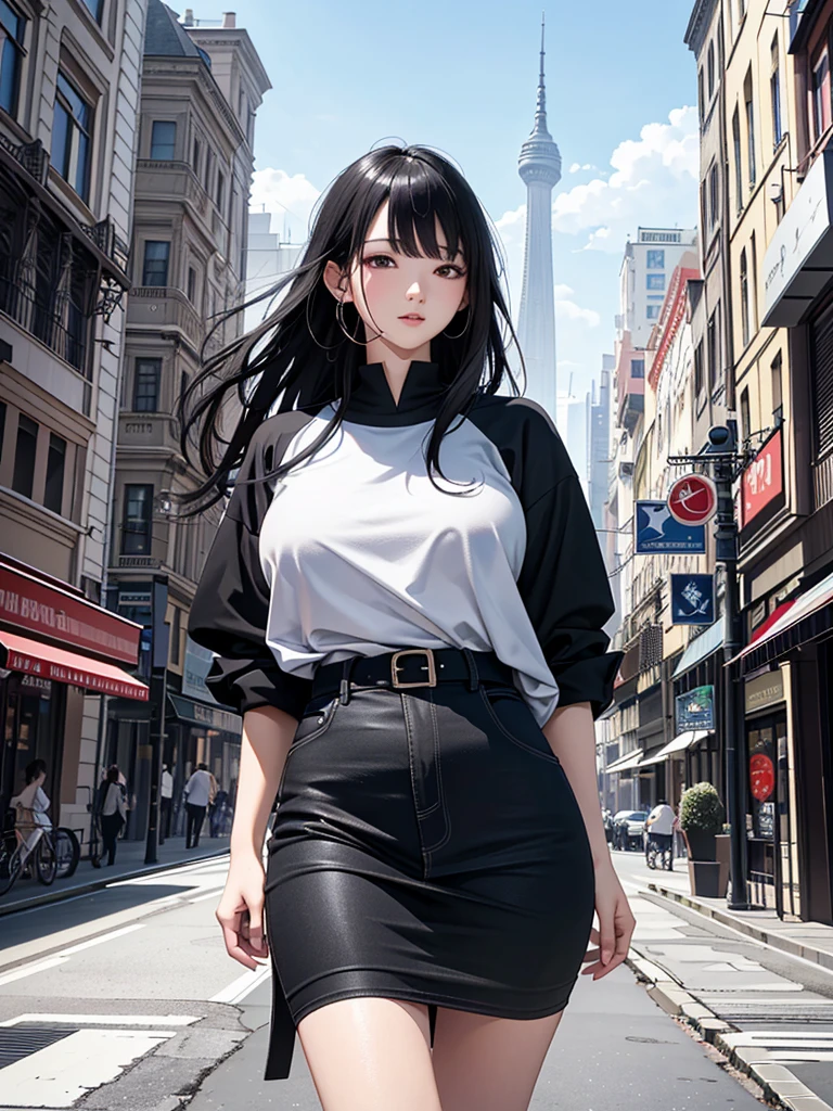 (Masterpiece、Ultra-high resolution、Detailed expression、Beautiful depiction、8k、Highest quality、Artwork:1.2)、(Giant:1.4)、Beauty、whole body、Beautifully detailed face、Over the city、A towering presence、Black Hair、Casual wear、Casual attire、skyscraper

