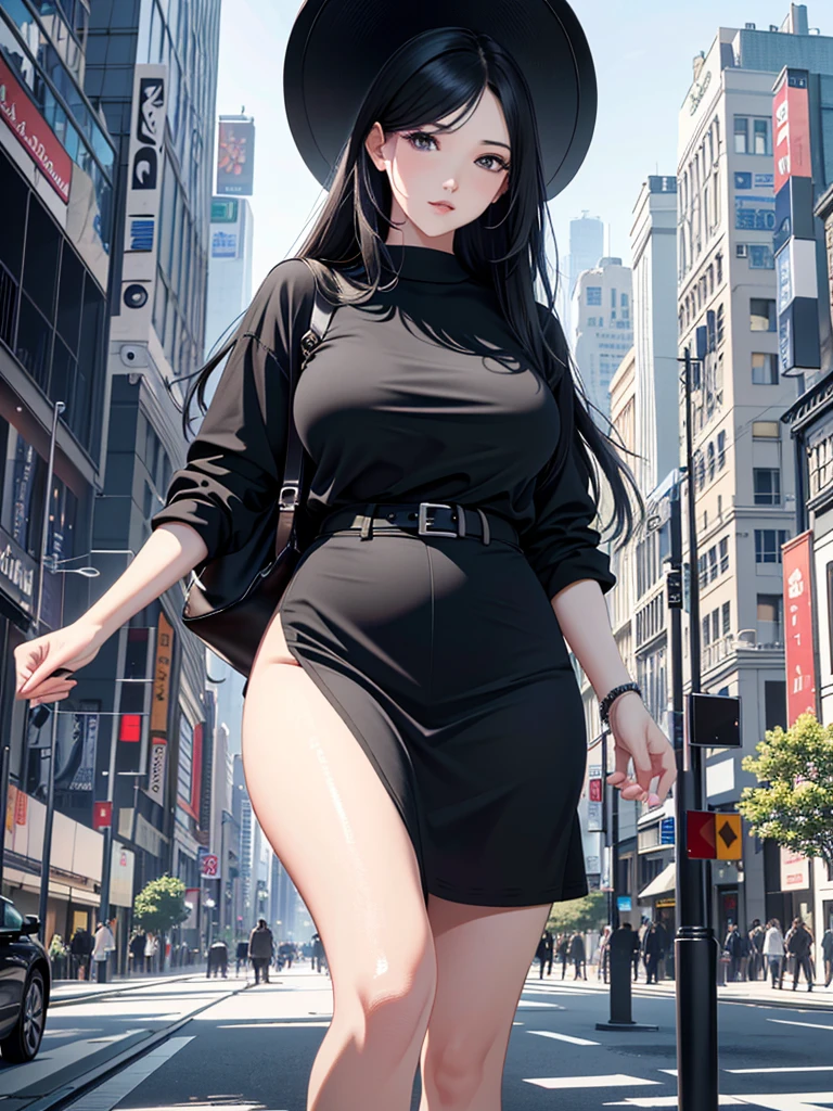 (Masterpiece、Ultra-high resolution、Detailed expression、Beautiful depiction、8k、Highest quality、Artwork:1.2)、(Giant:1.4)、Beauty、whole body、Beautifully detailed face、Over the city、A towering presence、Black Hair、Casual wear、Casual attire、skyscraper