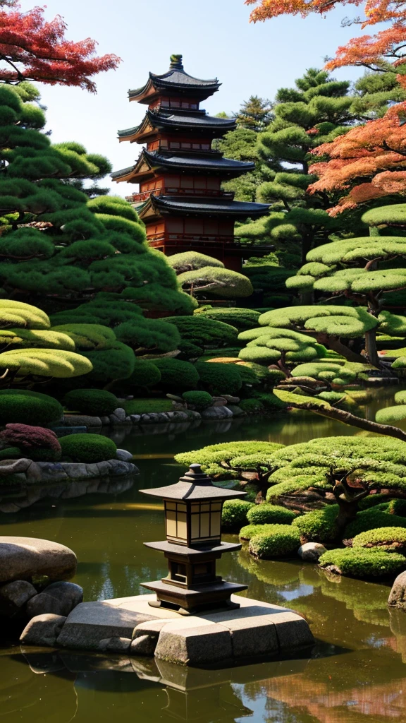 A harmonious blend of Japanese culture and nature, featuring the serene Kenrokuen Garden in Kanazawa with its famous stone lantern and tranquil ponds. In the background, the imposing Kanazawa Castle rises above the trees, and nearby, a traditional tea ceremony is taking place in a historic teahouse.