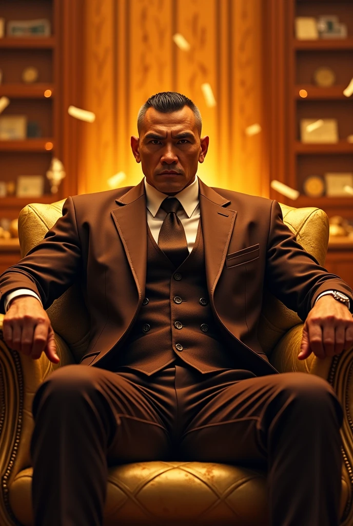 Brutal, 3,daddy, sunglasses, "shiny brown suit ", wear white shirt,  very shiny brown pants, dark brown waistcoat, Dad sat on luxury sofa,k hd,in the office,"big muscle", crew cut black hair,asia face,masculine,strong man,the boss is,handsome, lecherous dad,look straight ahead,dad is handsome, full of gold and bank notes, orange background, orange atmosphere