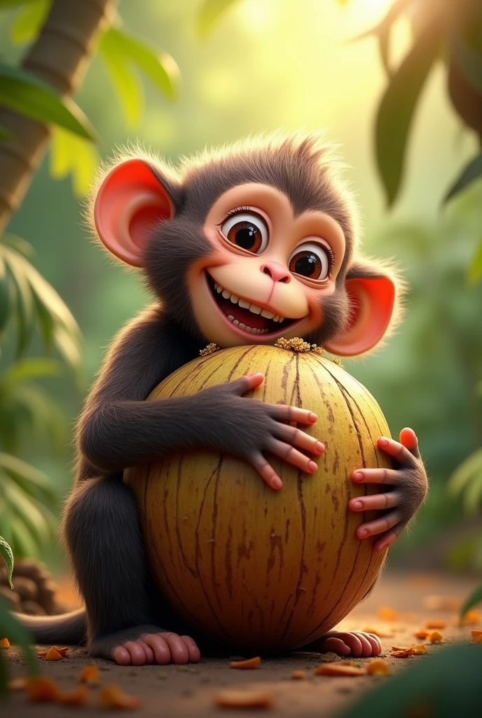 Monkey hugging a coconut