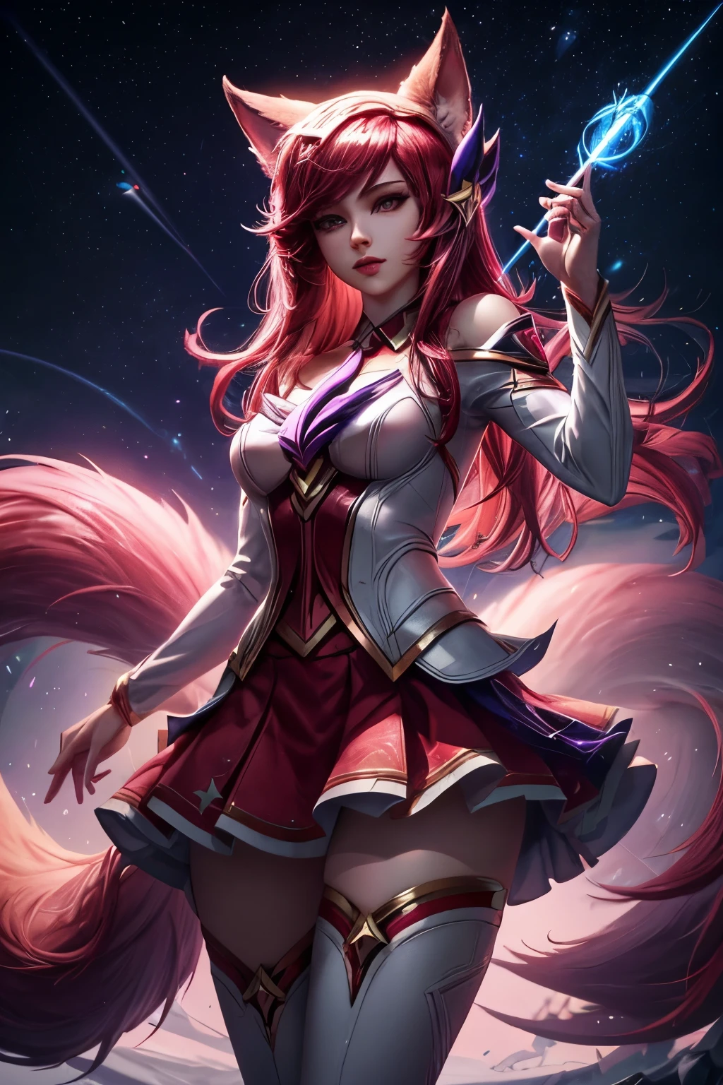 Ahri league of legends, nine red tipped fox tails, standing, face detailed, star guardian costume, short skirt, fully body, super detaill, high resolution, 8k, Overview, iluminação Ray Tracing