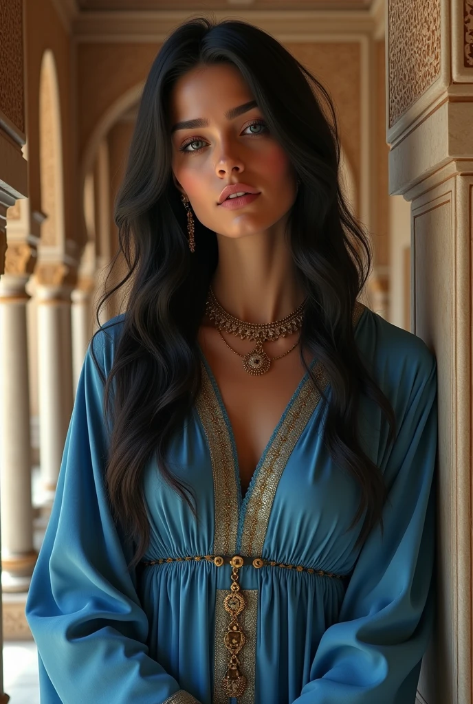 (photorealism:1.2), portrait of  beautiful woman inside Alhambra with very Long hair black, blue kaftan, gold jewelry, Al andalus Era, islamic vibe, arabic woman,  crown arabic middle age 