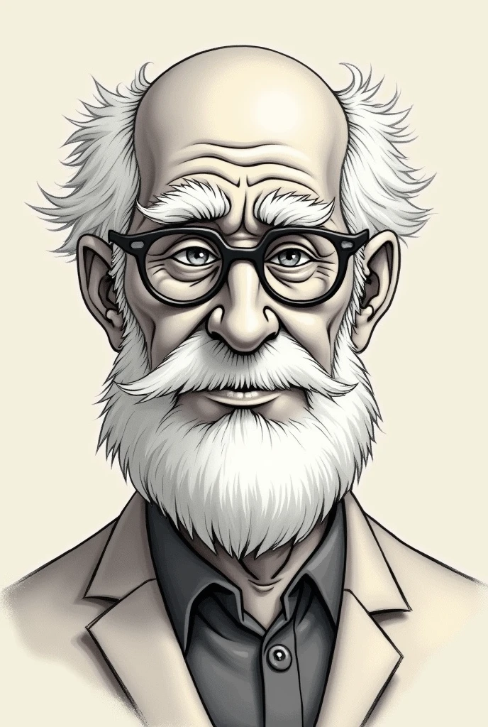 Fritz Perls, psychiatrist, slightly chubby, bald with white hair only on the sides, white bearded, bushy eyebrows, doesn't wear glasses, rle is WITHOUT glasses, has some wrinkles. fully body. drawing version (in the style of drawing/animation "scooby doo")
