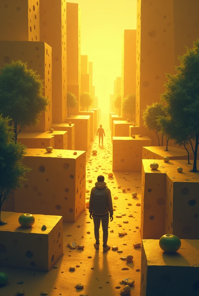 Create an image inspired by 'Who Moved My Cheese?': Illustrate a maze with someone navigating through it, moving from an old cheese to a new one. Show the journey of adapting to change, with visual symbols of transformation and opportunity.