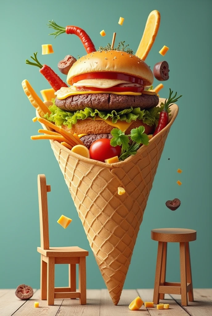 I require a very funny image of a shawarma dough cone, where they are inside a hamburger, SALCHIPAPA. Cheese with oregano and a wooden chair, but let it be a funny image All things you can put inside the cone, including the chair You can place the chair inside the cone Inside the cone you can place a wooden chair, along with the other things, What I require is that everything is within the cone, the chair that is outside, You can place it on top of the cone