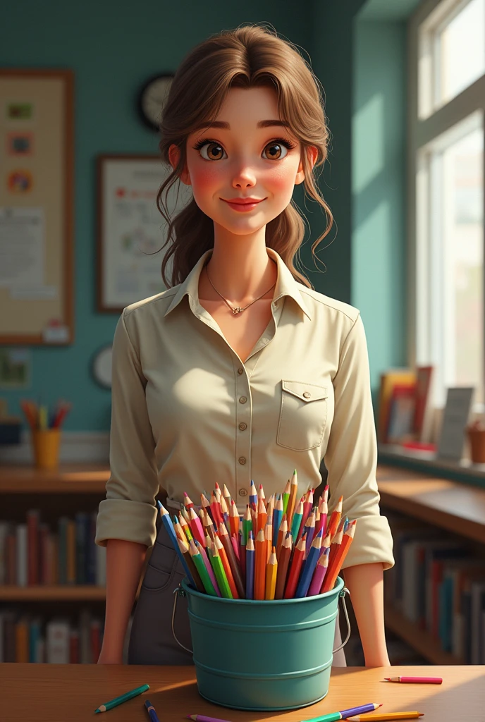 generates an image of a teacher and her bucket of colored pencils