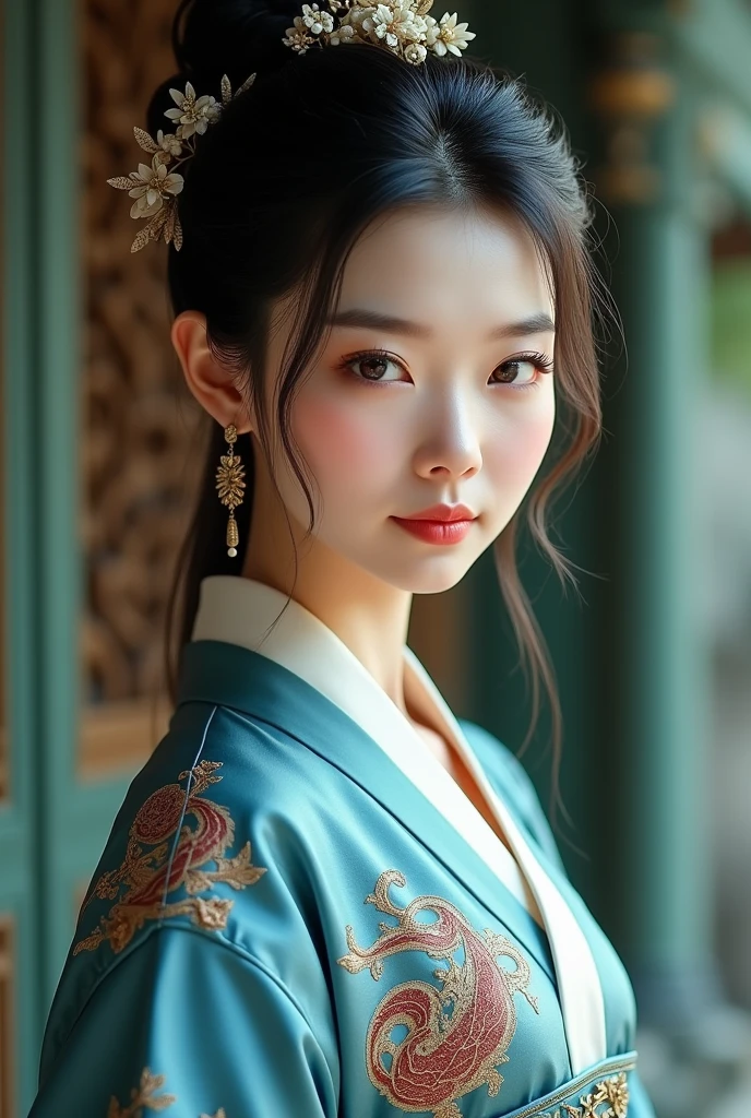 high detal,8K resolution,A masterpiece,highest quality,filigree,tmasterpiece,Beautiful,Stunning antique beauty,Perfect look,Perfectly refined and clear facial features(Meticulous facial portrayal),the most beautiful big eyes,Beautiful pupils,long eyelasher,Delicate and beautiful makeup,Be red in the face,Moisturize pink lips,(((Gorgeous slim sleeveless blue silk embroidered phoenix robe,obi strip,Small red flowers))),,Black shiny hair coiled(Chinese antique hairstyle design),Beautiful hairpin hair accessories,Beautiful earring necklace,Noble temperament,Slim waist,Slender and long legs,perfect bodies,Sexy and charming,Precise and perfect human anatomy,Facing the viewer,Inside the magnificent palace,Carved fence jade,Works of masters,tmasterpiece,Best quality at best,high high quality,A high resolution,,cinmatic lighting,depth of fields,Close-up。Bust photo of a girl around 2,Perfectcomposition,Precise and perfect human anatomy,Golden ratio creation,Surreal and realistic。Detailed skin details,White skin of the,shiny skin,Creamy glowing skin,Skin that is white and red。Exquisite depiction of facial features,Perfect makeup,Detailed depiction of the face,Clean and flawless face。A sweet smile,Smile without showing your teeth。Extremely detailed depiction of hair,Black hair coiled,tying hair,High bun,The wind blew away the hair。Eyebrows upturned,long eyelasher,double eyelid。Affectionate eyes,big bright eyes,Sweet with lying silkworms。tall nose bridge。Thin lips,Pink lip gloss,Straight teeth。Delicate collarbones。Delicate pendant,耳Nipple Ring。Perfect tall figure,with a well-proportioned body,Long legs and thin waist,Skinny beauty,Can't be too thin。Straight chest,medium boob。Keep your head up and your chest up,Look ahead,Face the lens,are standing。Ancient architectural background(((Chinese style new Chinese ink floral dress))),Bust photo naked