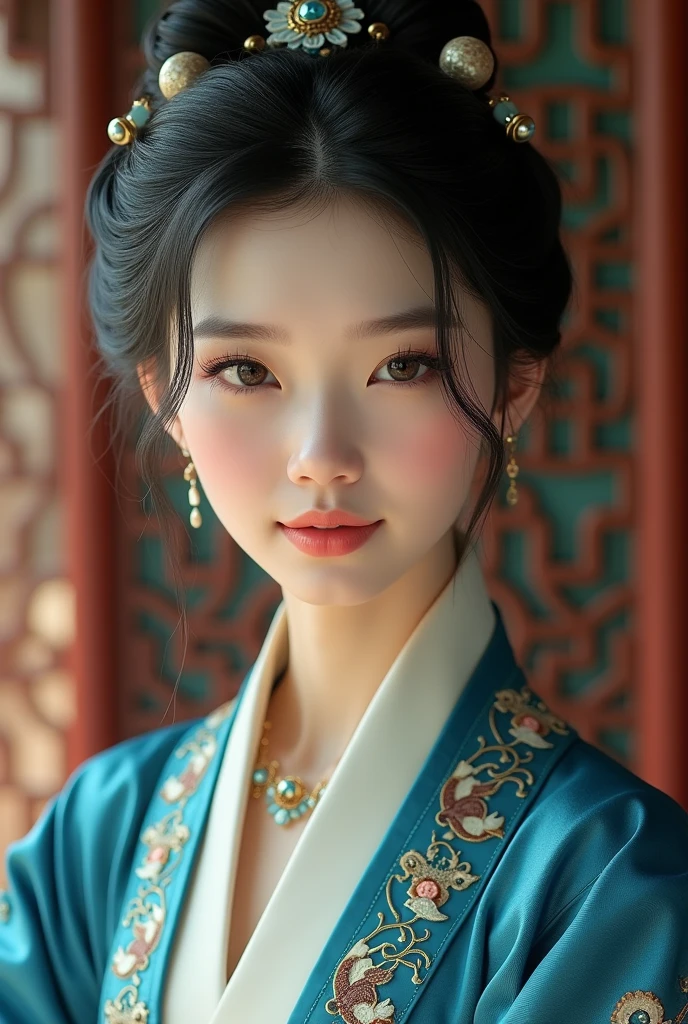 high detal，8K resolution，A masterpiece，highest  quality，filigree，tmasterpiece，Beautiful，Stunning antique beauty，Perfect look，Perfectly refined and clear facial features（Meticulous facial portrayal），the most beautiful big eyes，Beautiful pupils，long eyelasher，Delicate and beautiful makeup，Be red in the face，Moisturize pink lips，(((Gorgeous slim sleeveless blue silk embroidered phoenix robe，obi strip，Small red flowers)))，，Black shiny hair coiled（Chinese antique hairstyle design），Beautiful hairpin hair accessories，Beautiful earring necklace，Noble temperament，Slim waist，Slender and long legs，perfect bodies，Sexy and charming，Precise and perfect human anatomy，Facing the viewer，Inside the magnificent palace，Carved fence jade，Works of masters，tmasterpiece，Best quality at best，high high quality，A high resolution，，cinmatic lighting，depth of fields，Close-up。Bust photo of a girl around 2，Perfectcomposition，Precise and perfect human anatomy，Golden ratio creation，Surreal and realistic。Detailed skin details，White skin of the，shiny skin，Creamy glowing skin，Skin that is white and red。Exquisite depiction of facial features，Perfect makeup，Detailed depiction of the face，Clean and flawless face。A sweet smile，Smile without showing your teeth。Extremely detailed depiction of hair，Black hair coiled，tying  hair，High bun，The wind blew away the hair。Eyebrows upturned，long eyelasher，double eyelid。Affectionate eyes，big bright eyes，Sweet with lying silkworms。tall nose bridge。Thin lips，Pink lip gloss，Straight teeth。Delicate collarbones。Delicate pendant，耳Nipple Ring。Perfect tall figure，with a well-proportioned body，Long legs and thin waist，Skinny beauty，Can't be too thin。Straight chest，medium boob。Keep your head up and your chest up，Look ahead，Face the lens，are standing。Ancient architectural background(((Chinese style new Chinese ink floral dress)))，Bust photo naked 