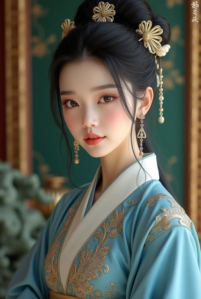 high detal,8K resolution,A masterpiece,highest quality,filigree,tmasterpiece,Beautiful,Stunning antique beauty,Perfect look,Perfectly refined and clear facial features(Meticulous facial portrayal),the most beautiful big eyes,Beautiful pupils,long eyelasher,Delicate and beautiful makeup,Be red in the face,Moisturize pink lips,(((Gorgeous slim sleeveless blue silk embroidered phoenix robe,obi strip,Small red flowers))),,Black shiny hair coiled(Chinese antique hairstyle design),Beautiful hairpin hair accessories,Beautiful earring necklace,Noble temperament,Slim waist,Slender and long legs,perfect bodies,Sexy and charming,Precise and perfect human anatomy,Facing the viewer,Inside the magnificent palace,Carved fence jade,Works of masters,tmasterpiece,Best quality at best,high high quality,A high resolution,,cinmatic lighting,depth of fields,Close-up。Bust photo of a girl around 2,Perfectcomposition,Precise and perfect human anatomy,Golden ratio creation,Surreal and realistic。Detailed skin details,White skin of the,shiny skin,Creamy glowing skin,Skin that is white and red。Exquisite depiction of facial features,Perfect makeup,Detailed depiction of the face,Clean and flawless face。A sweet smile,Smile without showing your teeth。Extremely detailed depiction of hair,Black hair coiled,tying hair,High bun,The wind blew away the hair。Eyebrows upturned,long eyelasher,double eyelid。Affectionate eyes,big bright eyes,Sweet with lying silkworms。tall nose bridge。Thin lips,Pink lip gloss,Straight teeth。Delicate collarbones。Delicate pendant,耳Nipple Ring。Perfect tall figure,with a well-proportioned body,Long legs and thin waist,Skinny beauty,Can't be too thin。Straight chest,medium boob。Keep your head up and your chest up,Look ahead,Face the lens,are standing。Ancient architectural background(((Chinese style new Chinese ink floral dress))),Bust photo naked
