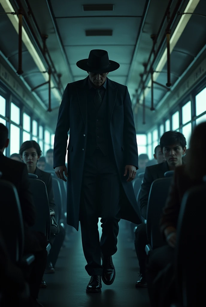 /imagine prompt: ANIMATED, personality: [Illustrate the moment the tall man in a wide-brimmed hat steps onto the bus from outside. His figure should be shrouded in shadow, the atmosphere tense, with Riya looking up, eyes wide with fear and curiosity as he approaches] unreal engine, hyper real --q 2 --v 5.2 --ar 16:9