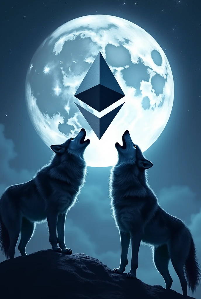 Wolfpack howling at the moon ethereum logo on the moon
