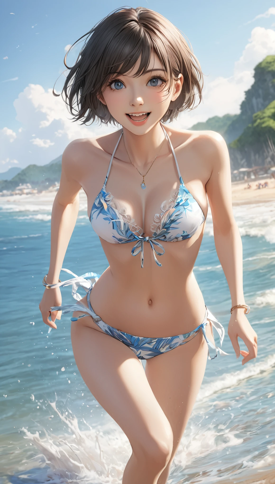 masterpiece , Highest quality , Very detailed , 1 person, ((Beautiful eyes)) , （Have fun), ((running)) , bikini, Beach , Short Hair