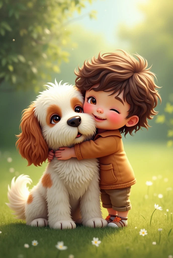 Child hugging a white cokeer dog with brown spots