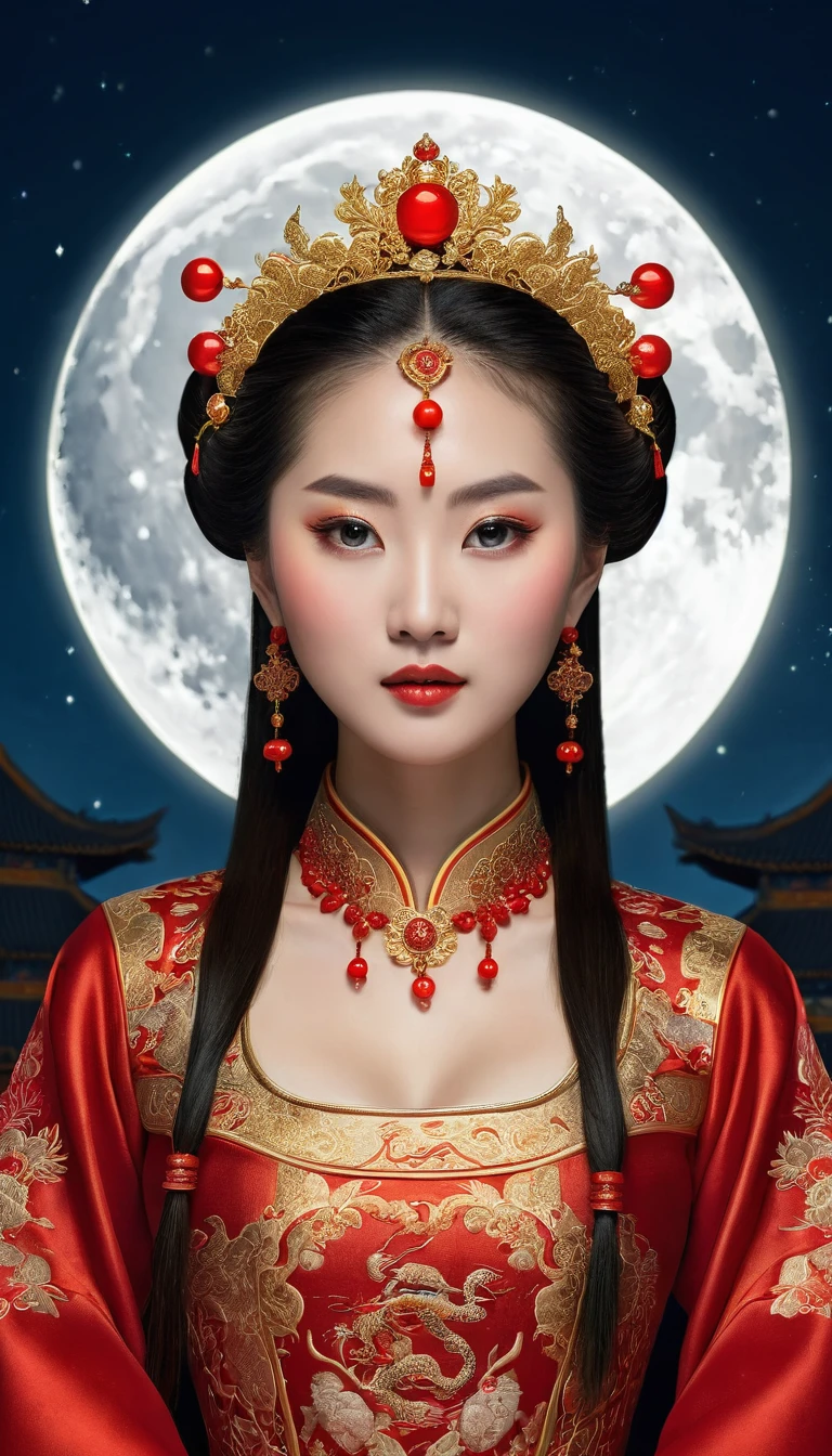 a woman in a red dress with a red crown embroidered with gold brocade and a full moon behind, Chinese princess, Chinese woman, Chinese girl, beautiful digital art, beautiful oriental woman, 8k raw, masterpiece, Asian woman, beautiful digital illustration, beautiful fantasy art portrait, palace, a girl in Hanfu, beautiful surreal digital photo, a beautiful fantasy queen, inspired by Wu Bin