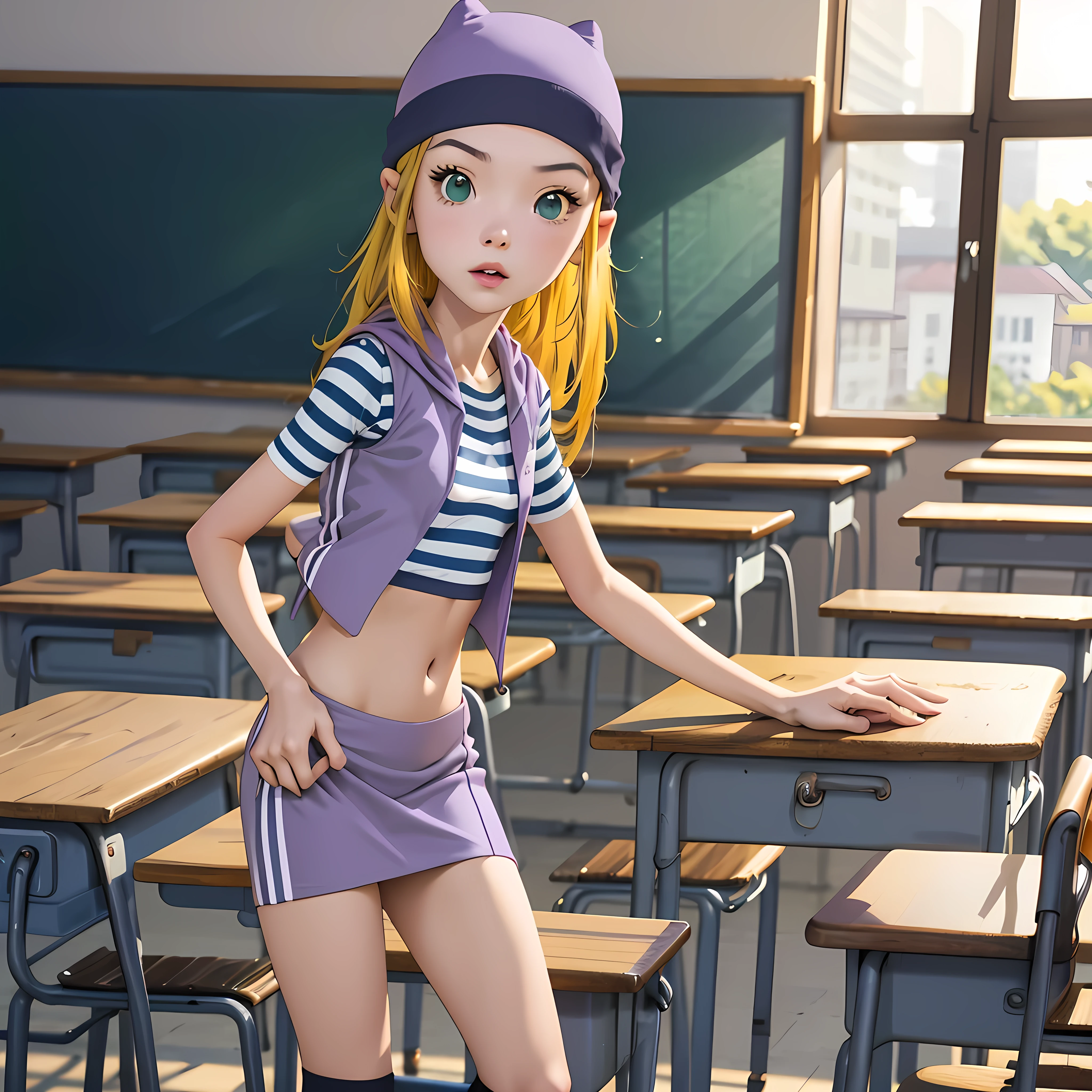 (masterpiece, best quality), 1girl, izumi Orimoto, indoors, classroom, green eyes, blonde hair, long hair, purple beanie, purple vest, purple miniskirt, blue white striped shirt, long purple socks, purple vest, striped shirt, navel shirt, small size breast, sexy pose