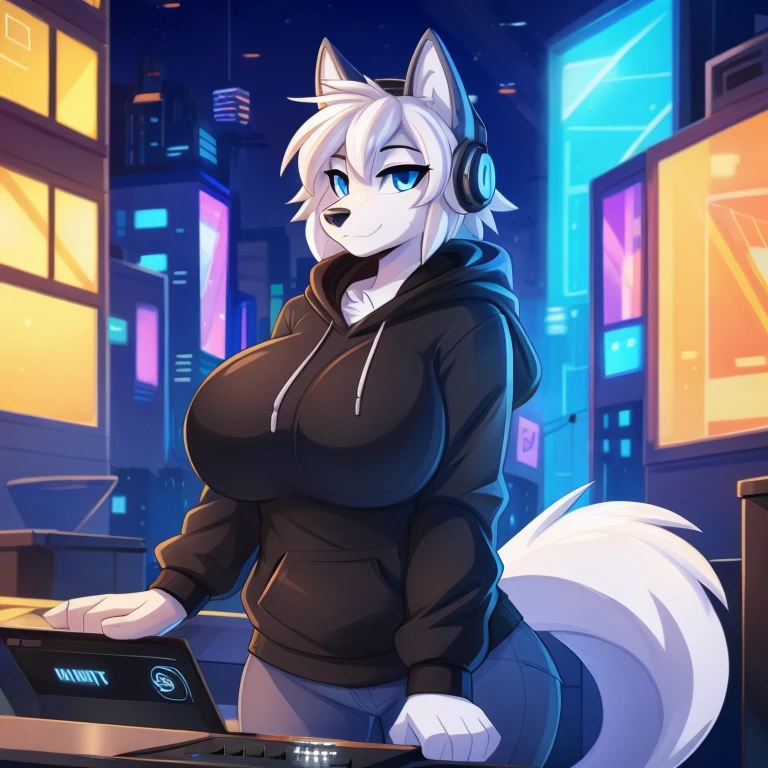 by Kilinah, by Coffeesoda, by Hioshiru, by Kilinah, anime art style, uploaded E621 Beautiful and detailed portrait of a female (((female))) (anthro wolf) Antero, Zenematic lighting, seductive, bl, grey wolf, full body, beautiful, messy hair, white hair, blue eyes, single, standing, medium length hair, grey wolf ears, futuristic city background, grey wolf, wearing black hoodie, has headphones on, standing at DJ booth, music visualizer in background, huge breasts,