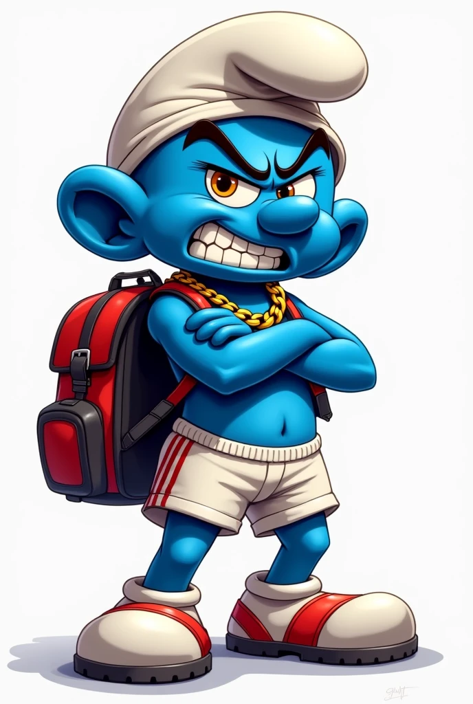 Create smurf mascot image, cocky angry face, with gold chain around his neck, backpack on back,  with futsal player shorts, and arms crossed 