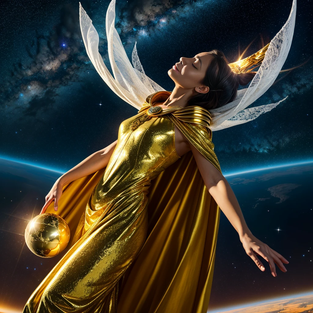 A powerful, otherworldly figure floating in space, surrounded by glowing golden spheres. The figure, dressed in an intricate, gold-and-white armor-like outfit, exudes a sense of strength and divinity. They hold a large, gleaming spear, and their flowing cape adds to the dramatic, ethereal atmosphere. The background is filled with countless stars, giving the scene a cosmic and celestial feel. The figure's pose, with their head tilted back and eyes closed, suggests a moment of serene focus or ascension, emphasizing their divine or transcendent nature.
