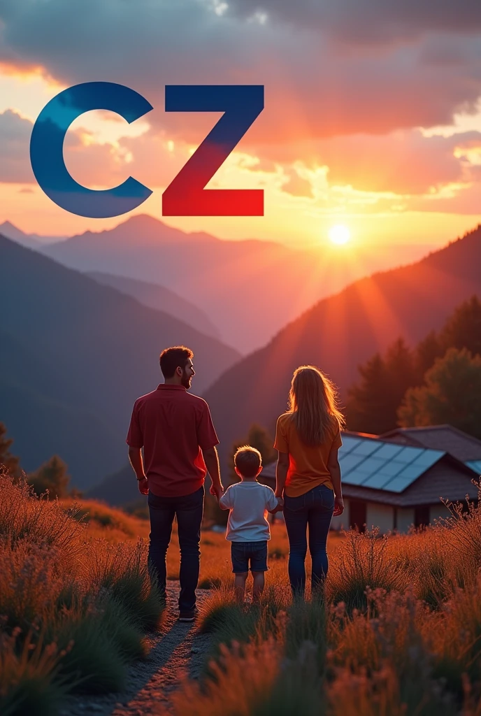 high qualiy, 4K Ultra HD, A happy family (naughty man, woman and child) in a mountain range contemplating the sunset, in the background on the horizon the large initials: Czech (C in blue color, z in red color) with its details incorporated, Sharp lines, a house with photovoltaic modules, sharp focus, stunning full colors.