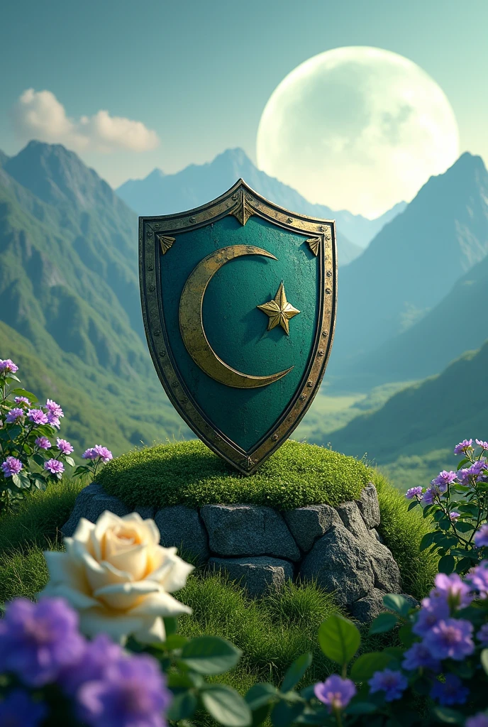  shield of a country called monteluna its center, with an extensive mountain range in the background, covered in vibrant green and violet flowers that stretch towards the sky. The crescent moon acts as a central element, casting a soft glow over the green landscape. Spotlight, a delicate white rose with intricate detailing and a slightly wilted effect, which emanates a subtle but lively and welcoming atmosphere. The entire scene exudes a sense of natural beauty and invites the viewer to explore a world where the enchanting moon and vibrant floral background come together in a truly captivating display..