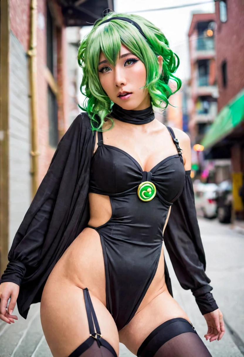 a cute yuna (cosplay of Tatsumaki, foam green hair, sexy slinky black iconic dress, high split up thighs (panties partly exposed)), she is looking annoyed while doing sexy poses, ruined city set