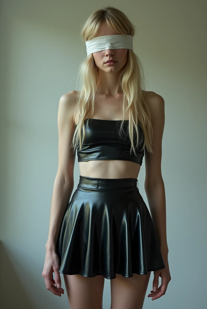full body shot A young pale skinned anorexic Caucasian woman age 18,with long blonde hair wearing a latex flare miniskirt and crop top, eyes are covered with a cloth blindfold, portrait shot