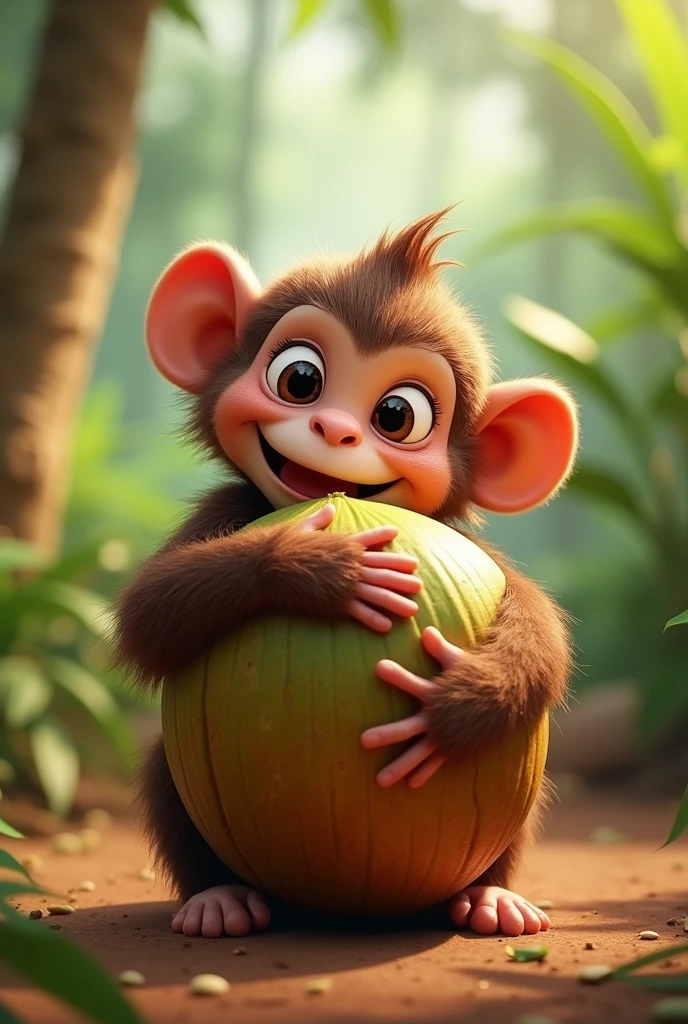 Monkey hugging a coconut