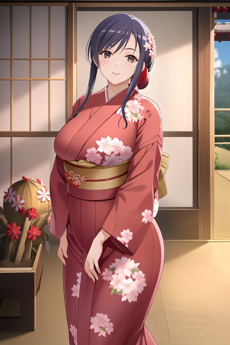 Ayako Hiiragi | Walkure Romanze, masterpiece, best quality, a mature sexy woman in shine red yukata posing in front of bamboo rails, 1girl, solo, japanese clothes, yukata, tied-up hairstyle, floral hair ornament, smile,mature woman, 