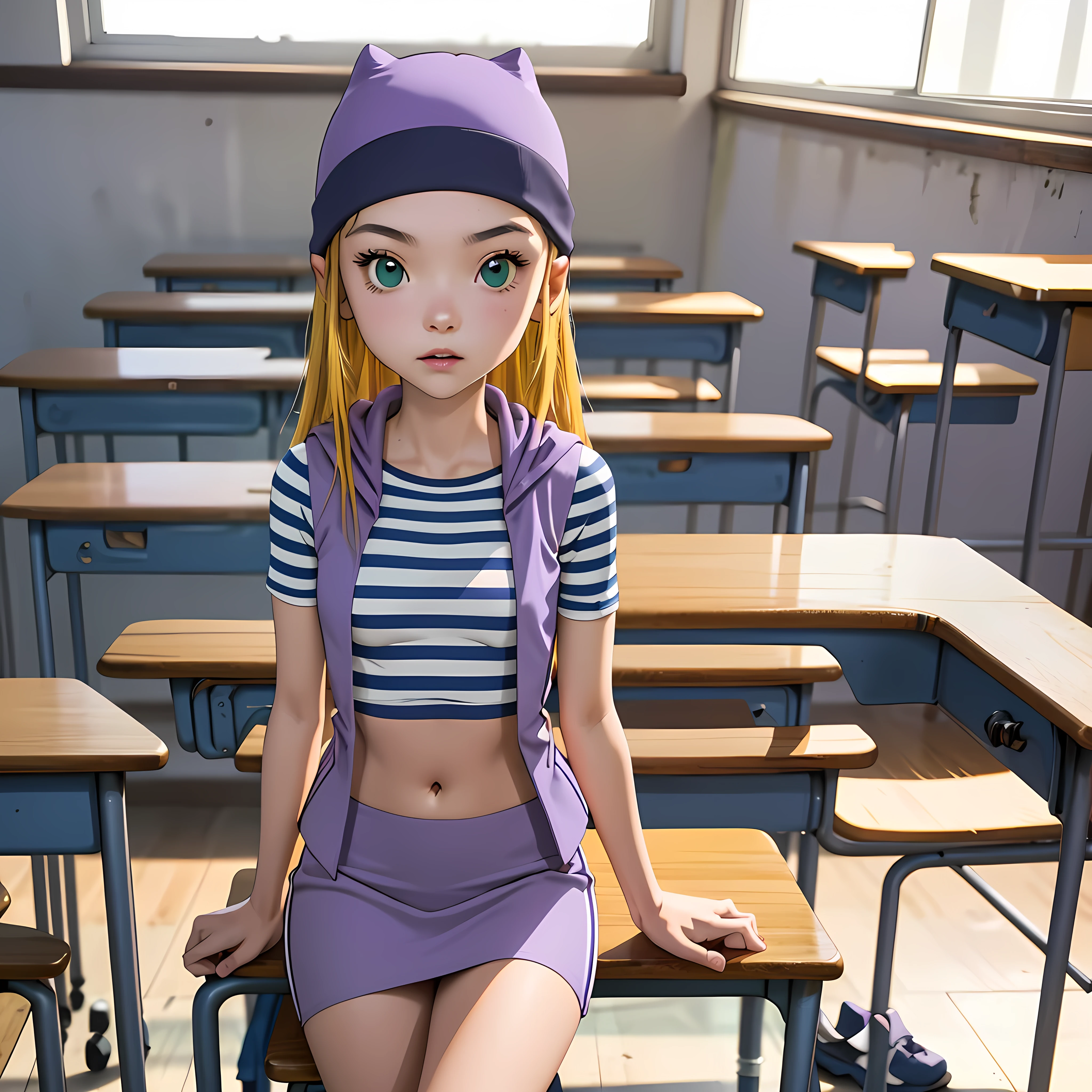 (masterpiece, best quality), 1girl, izumi Orimoto, indoors, classroom, green eyes, blonde hair, long hair, purple beanie, purple vest, purple miniskirt, blue white striped shirt, long purple socks, purple vest, striped shirt, navel shirt, small size breast, sexy pose