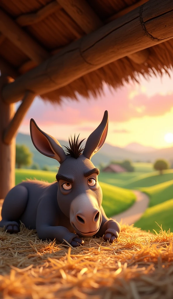 Draw an angry donkey lying on a pile of straw in a roofed stable on a farm. The farm should be picturesque and detailed, with green fields and a sunrise sky with soft orange and pink tones, in a 3D animated style.