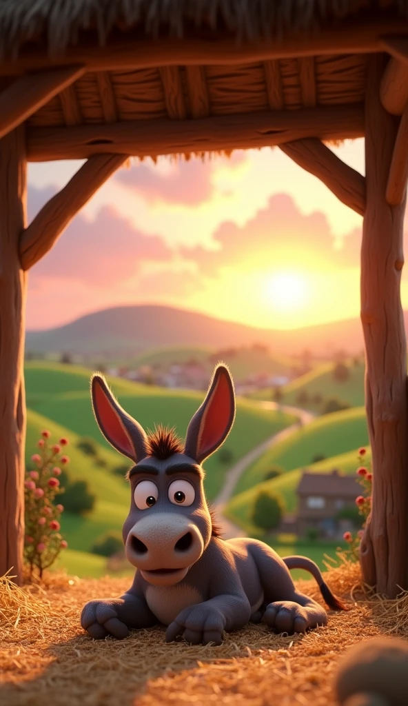 Draw an angry donkey lying on a pile of straw in a roofed stable on a farm. The farm should be picturesque and detailed, with green fields and a sunrise sky with soft orange and pink tones, in a 3D animated style.