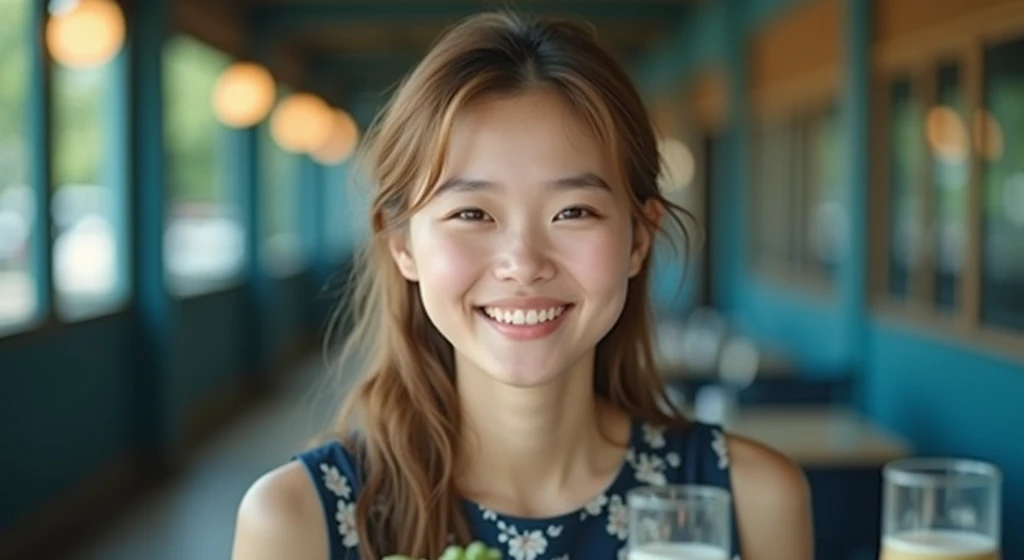 a young asian woman with long wavy hair wearing a summer dress, sitting at a table, food on the table, smiling, (high detail skin:1.2), 8K UHD, Digital SLR, High quality, filmgrain, Fujifilm XT3, perfect figure, (beautiful woman:1.4), ((wavy hair)), RAW photo, rim lighting, dim lighting, perfect anatomy, anatomically correct, perfection proportions.
