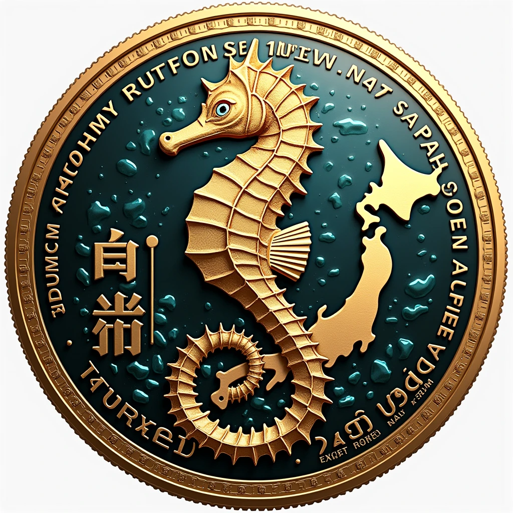 Coins will be made with the letters MJ in the center.. Seahorse design in the center. Money, high quality, A luxurious image. On the outside are maps of JAPAN and MARASHIMA..
Moneyの高級な額縁に全て入る