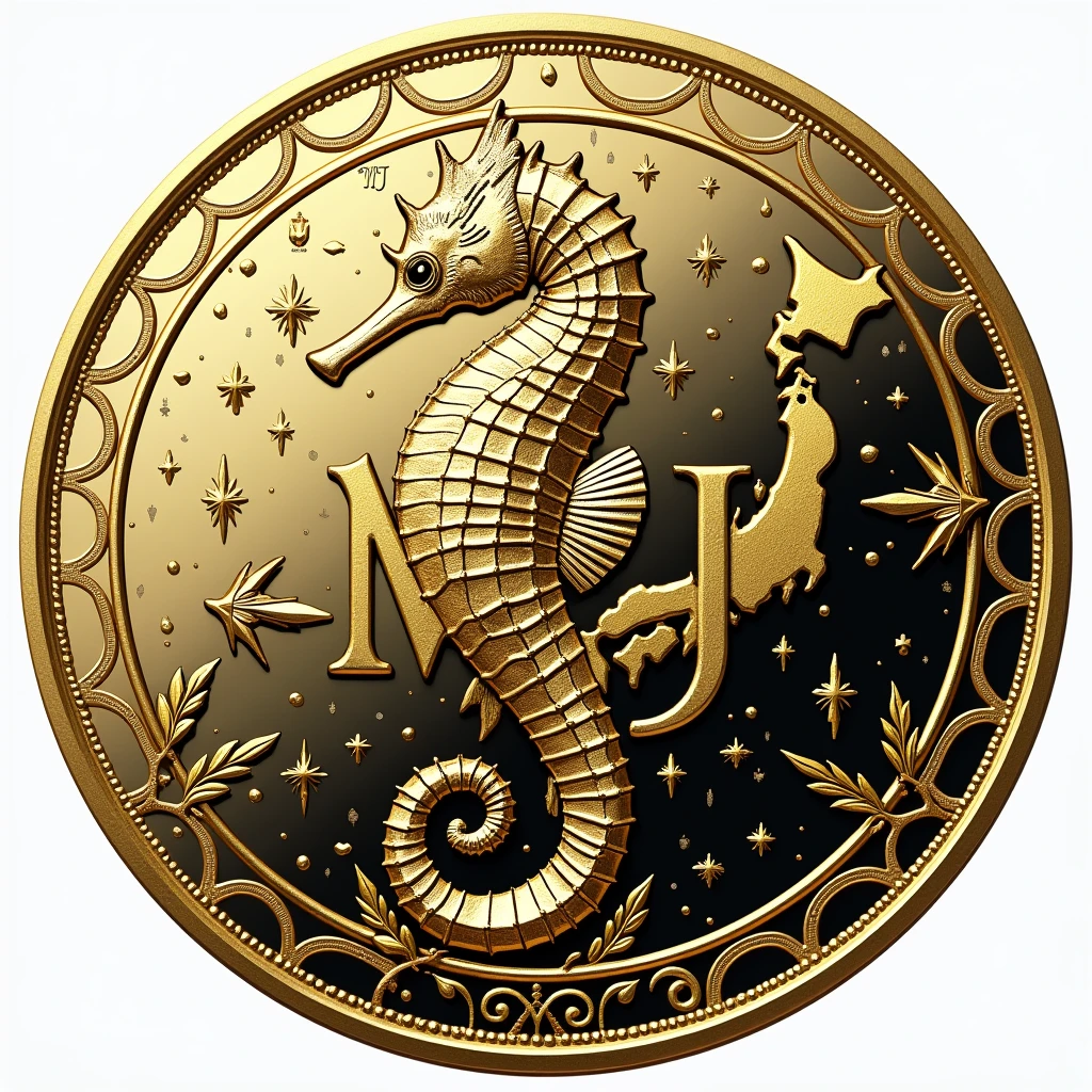 Coins will be made with the letters MJ in the center.. Seahorse design in the center. Money, high quality, A luxurious image. On the outside are maps of JAPAN and MARASHIMA..
Moneyの高級な額縁に全て入る