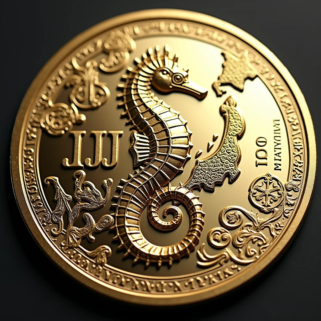 Coins will be made with the letters MJ in the center.. Seahorse design in the center. Money, high quality, A luxurious image. On the outside are maps of JAPAN and MARASHIMA..
Moneyの高級な額縁に全て入る