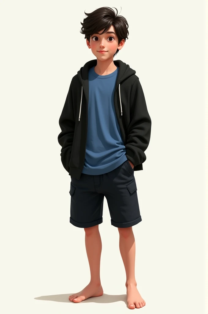 Barefoot boy in black shorts, Black open-topped sweater and under the sweater he has a blue shirt