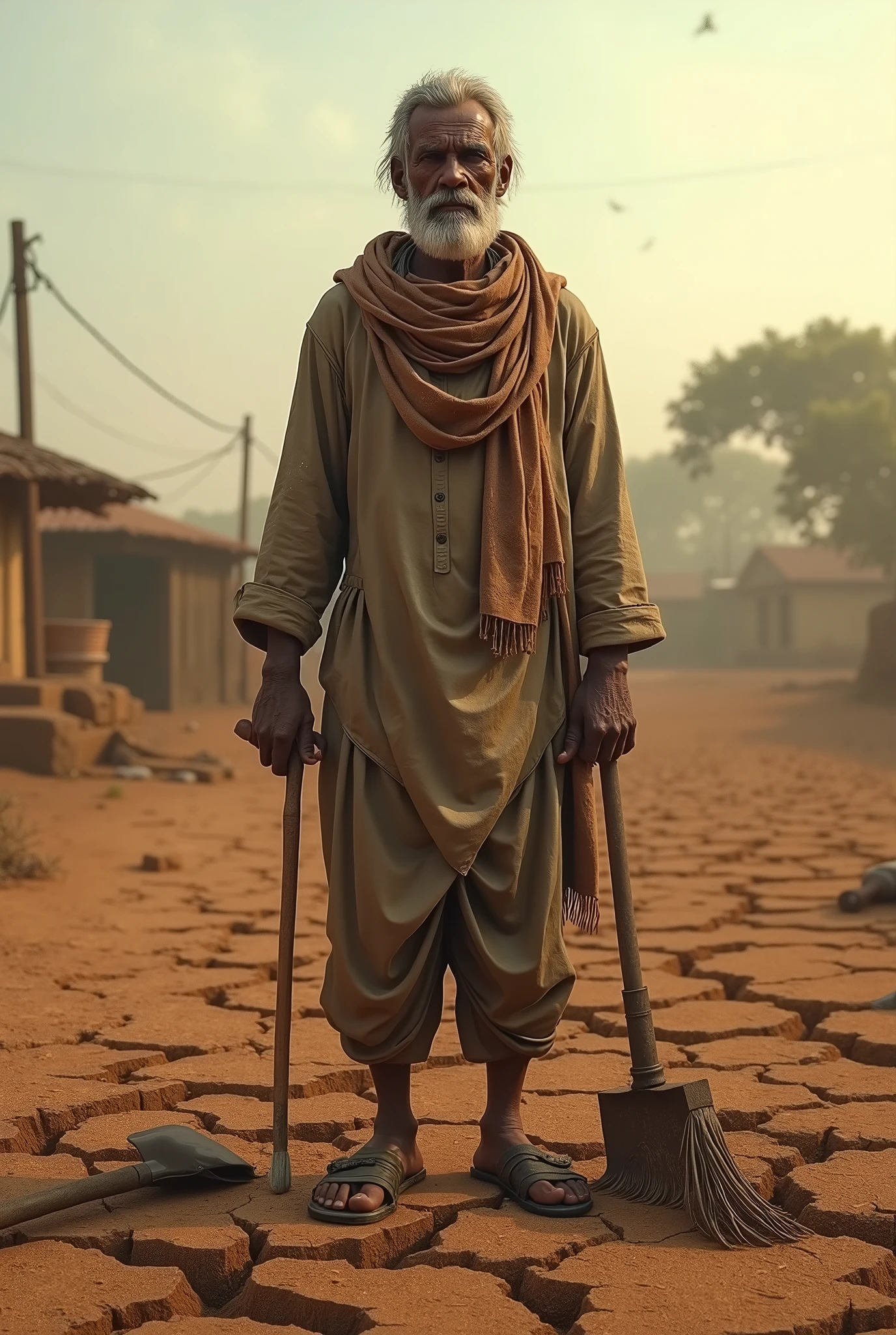 The Farmer's StruggleScene Description: A 3D depiction of a small, rural village with a farmer named Ramoo standing in his barren field under a harsh, sun-drenched sky. The field should look dry and cracked, illustrating the effects of a severe drought.Details: Include a few broken farming tools and a sad expression on Ramoo's face to emphasize the struggle and hardship.