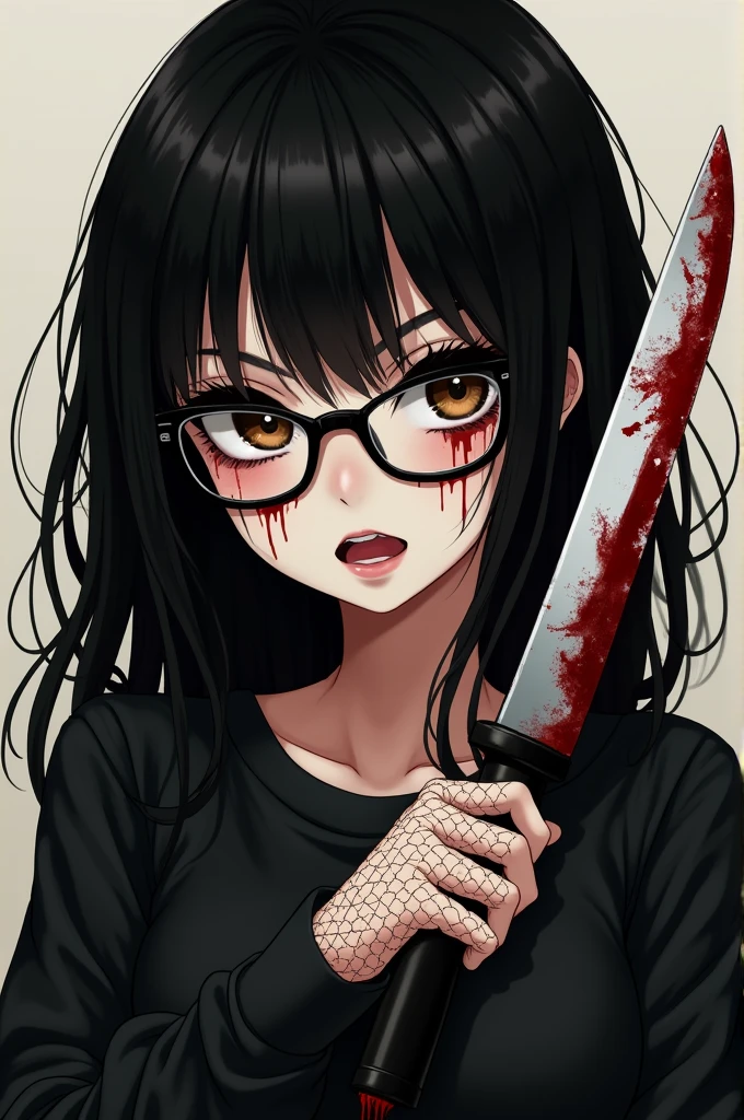 A black-haired girl with brown eyes and black glasses with blood on her face, with a knife in hand with blood, black sweatshirt with rolled up sleeves and wears fishnet gloves with a psychotic and loving anime style expression