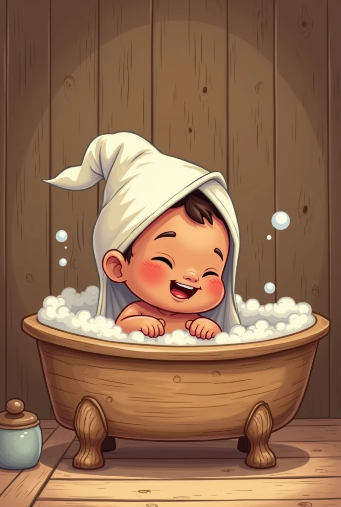 Cartoon brown  in towel in wooden bathtub