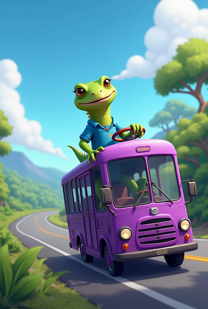 Iguana wearing a blue shirt driving a purple bus
Logo