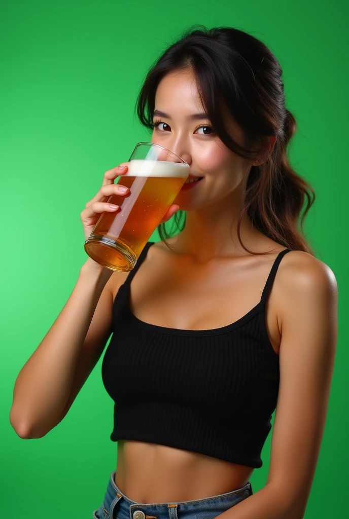 masterpiece,Highest quality,Highest Resolution, Drinking beer in a cute black tank top in a green screen
