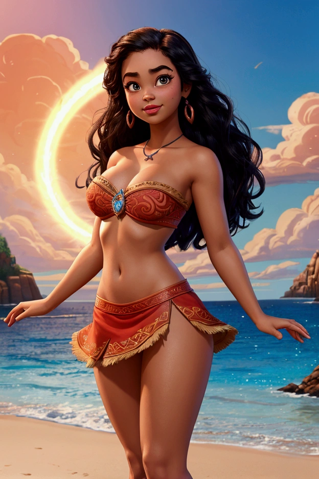 Disney princesses Moana ultra definition 4k, provocative face, little miniskirt showing panties, low cut huge breasts, big legs and defined body.